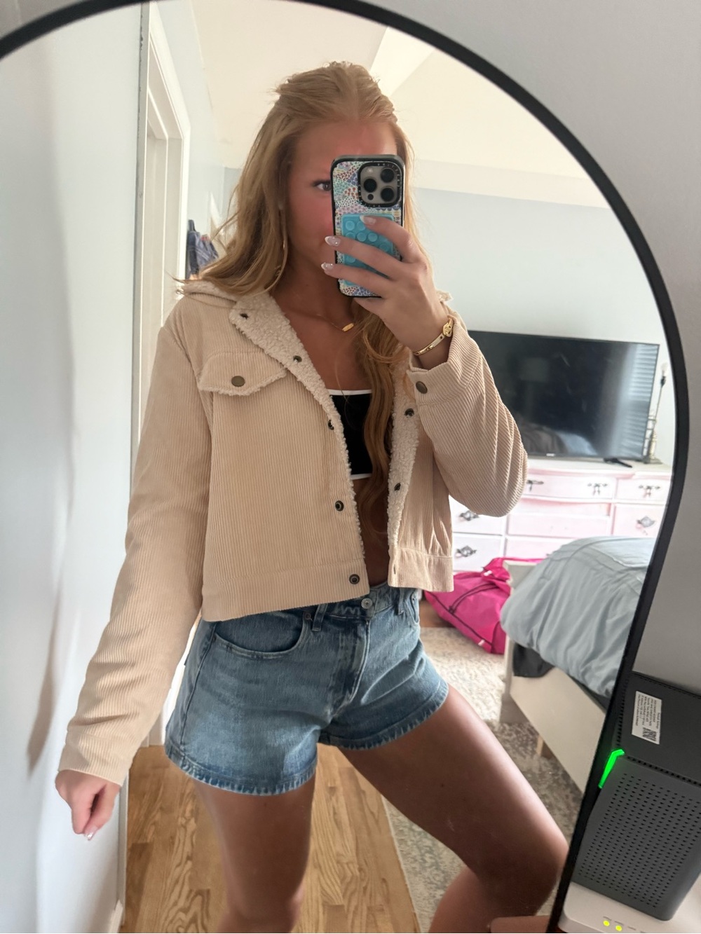 Beige Corduroy Sherpa-Lined Cropped Jacket